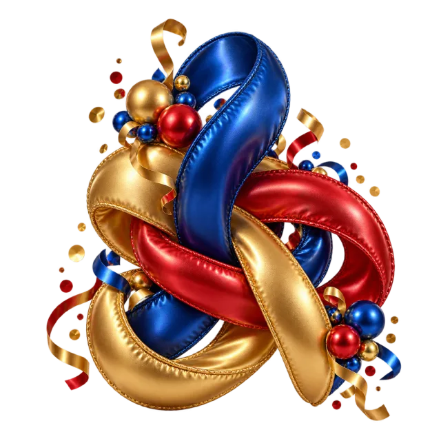 Blue, red and gold balloon knot with curling confetti