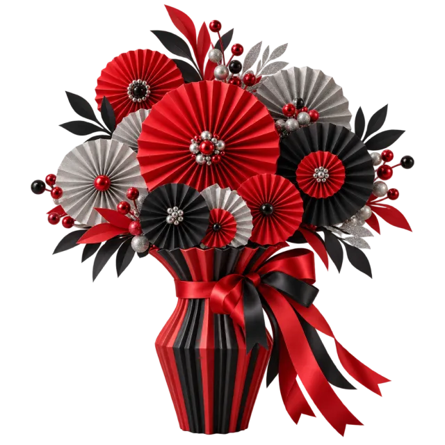 Red and black paper fan bouquet in a striped vase