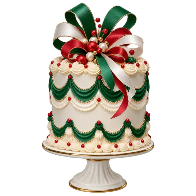 Cream celebration cake with green and red ribbon decorations