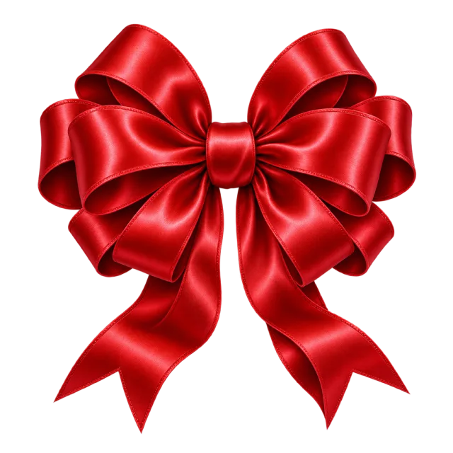 A large layered red satin bow with two long ribbon tails