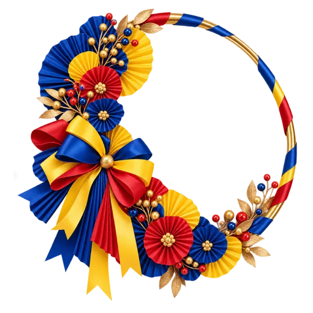 Blue, red and yellow ribbon hoop with folded paper flowers