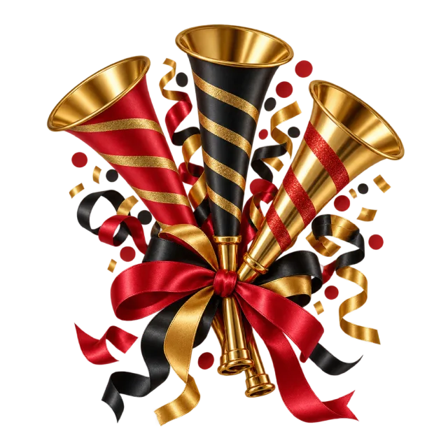 Golden party trumpets with black and red ribbons