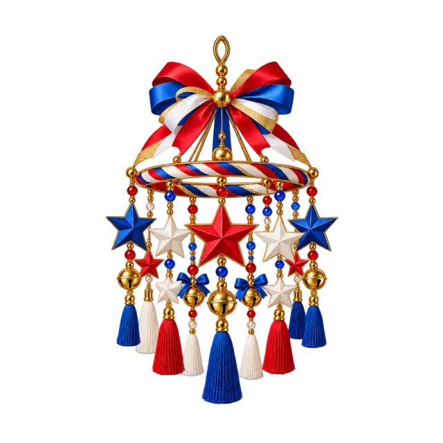 Red and blue hanging star mobile with bells and tassels