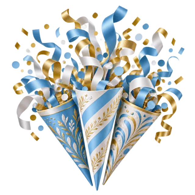 Pale blue confetti cones with golden curling ribbons