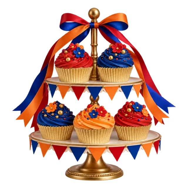 Red, blue and orange cupcakes on a carousel-style stand