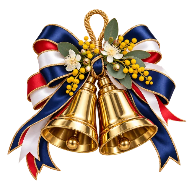 Golden handbell pair with navy, red and white ribbons