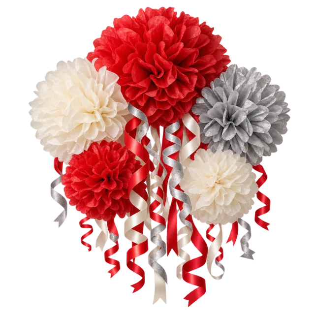 Red, white and gray paper pompoms with hanging streamers