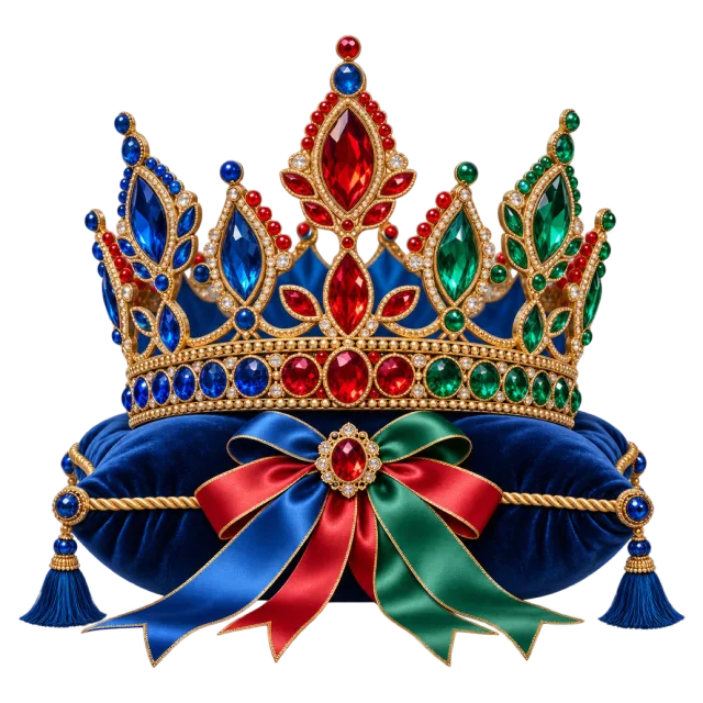 Jeweled red, blue and green crown on a blue cushion