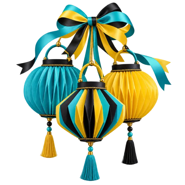 Turquoise, yellow and black lantern trio with a bow