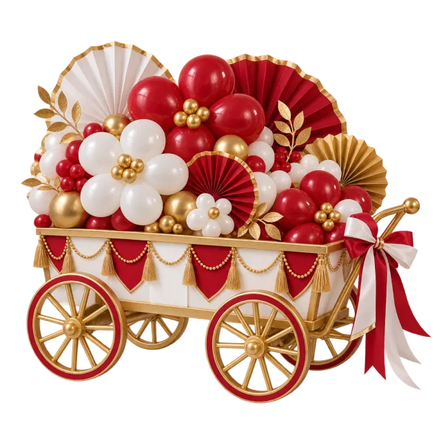 Red and white balloon flower cart with golden wheels
