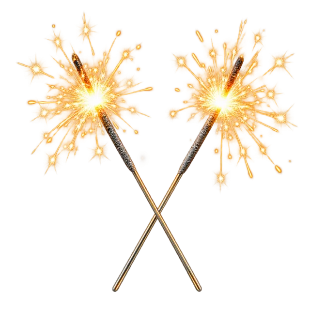 Two crossed sparklers emitting bright golden sparks