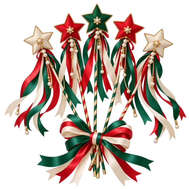 Red, green and cream star wands with trailing ribbons