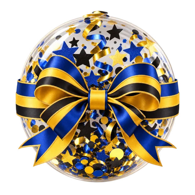 Clear confetti capsule with navy and golden ribbons