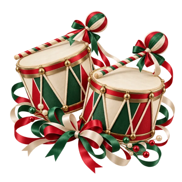 Red and green drum pair with striped sticks and ribbons