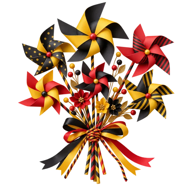 Black, yellow and red pinwheel bouquet with flowers