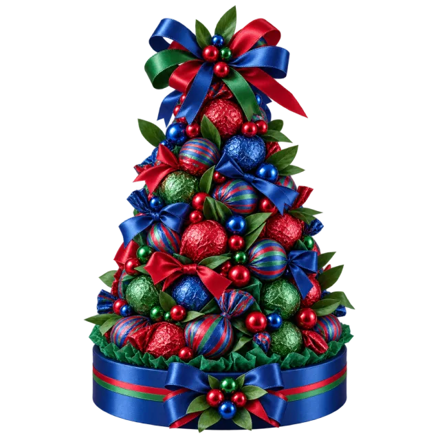 Blue, green and red candy tower with a large ribbon