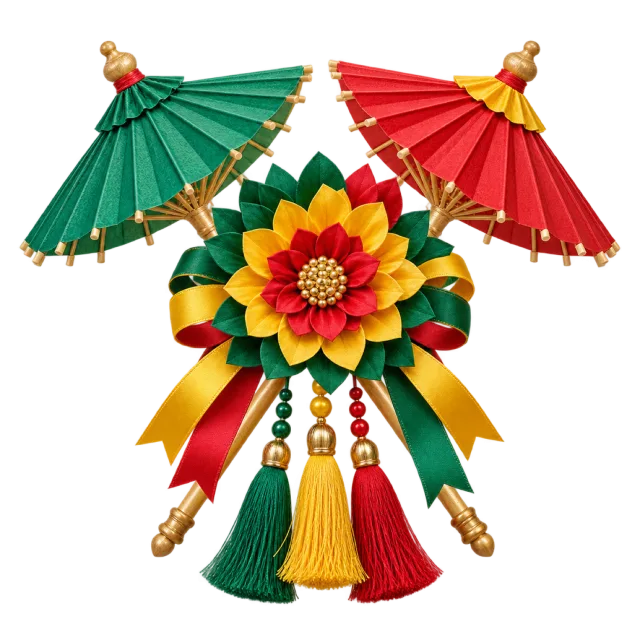 Red and green parasols with a yellow flower and tassels