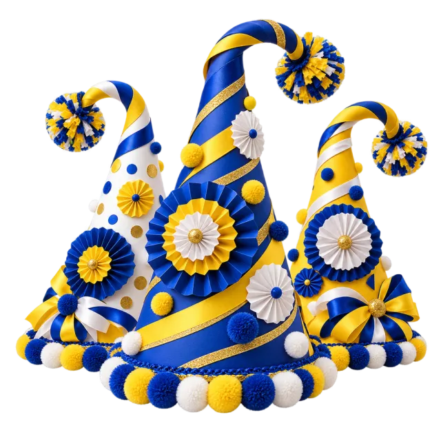 Blue and yellow party hat trio with paper flowers