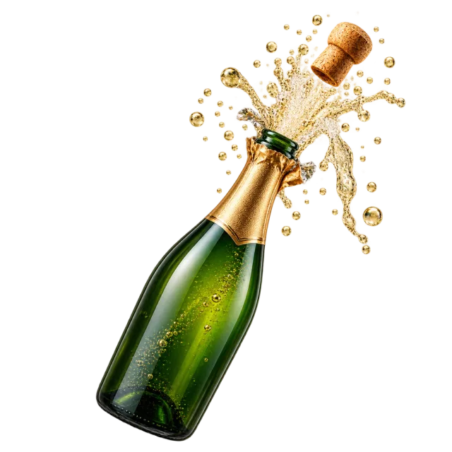 A green bottle with gold foil releasing its cork in a spray of bubbles