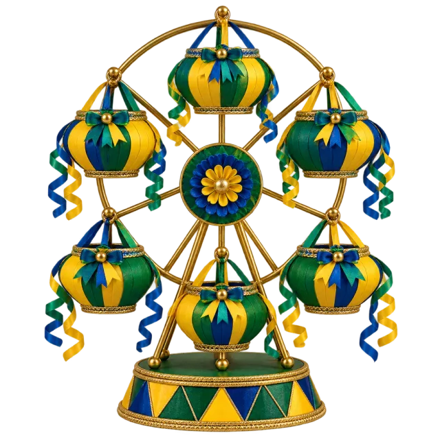 Green and yellow miniature festive wheel with hanging baskets