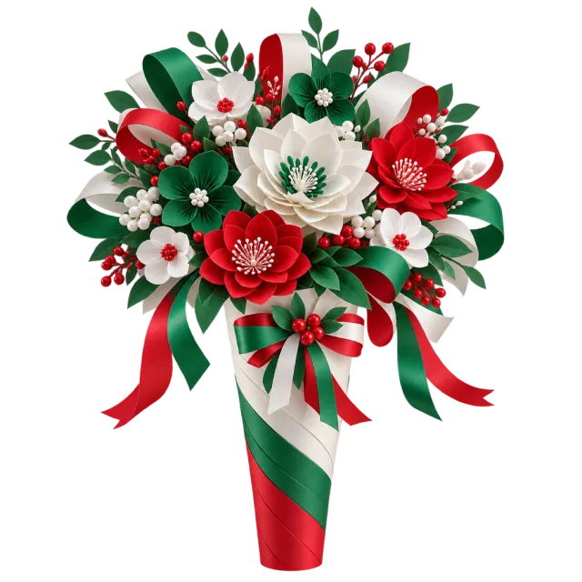 Red and white flowers in a green and red cone