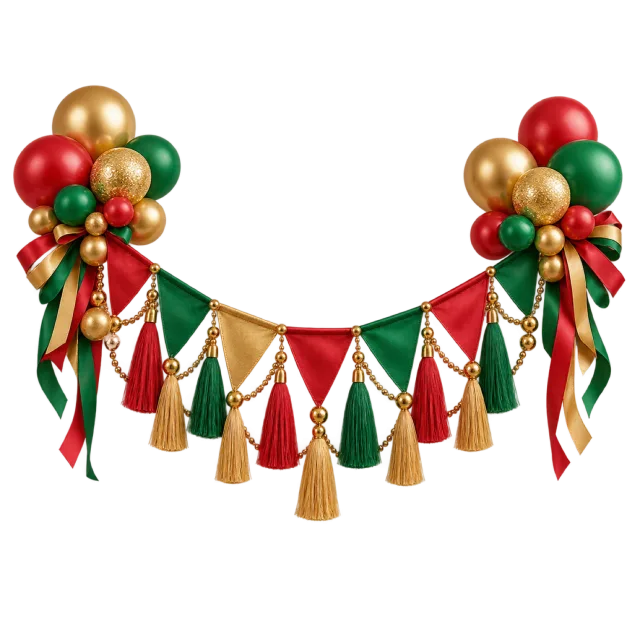 Red and green party bunting with golden tassels