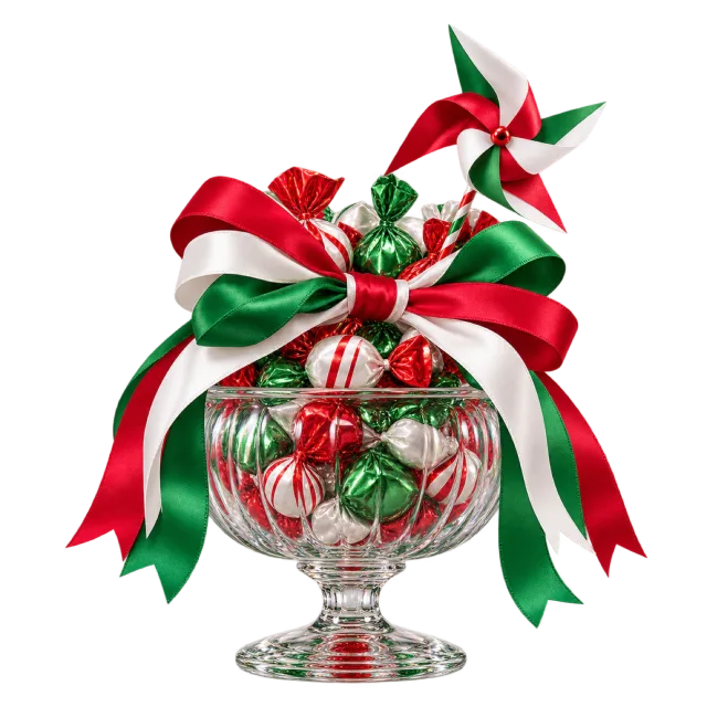 Clear bonbon jar with red, green and white ribbons