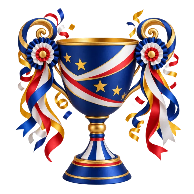 Blue trophy cup with red and white stripes and golden stars