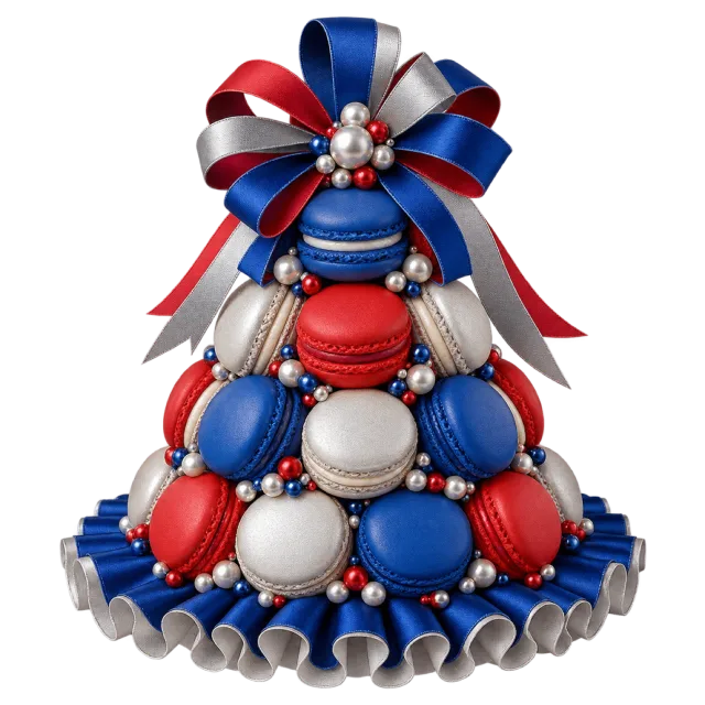 Blue, red and white macaron pyramid with a large bow
