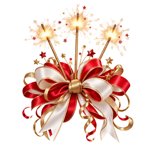 Red and white ribbon bow with glowing sparklers