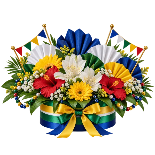 Colorful floral centerpiece with blue and yellow paper fans