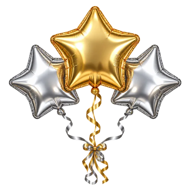 One gold star balloon between two silver stars with curled ribbons