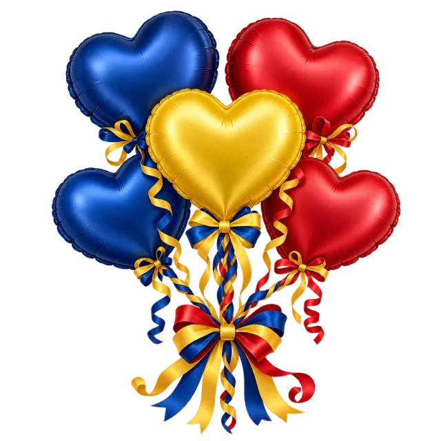 Blue, red and yellow heart balloon bouquet