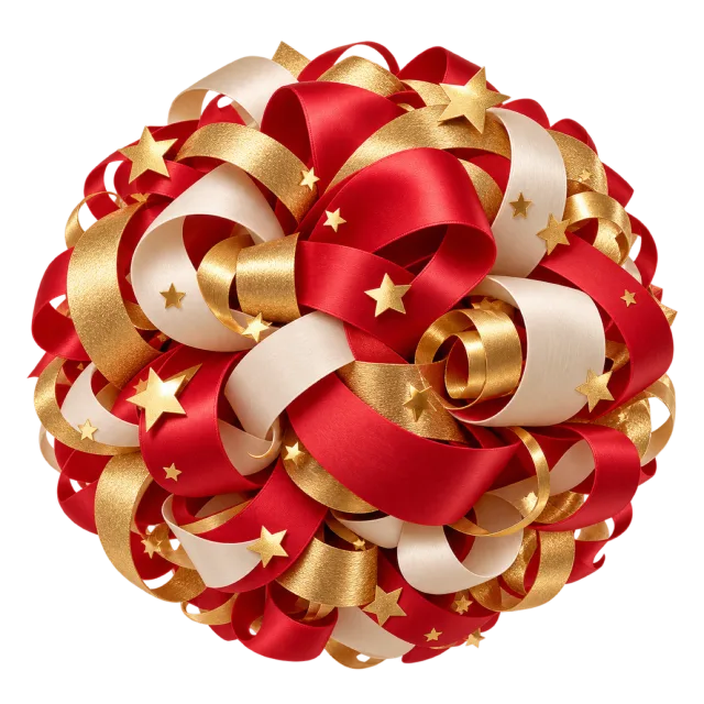 Red and golden curled ribbon orb with stars