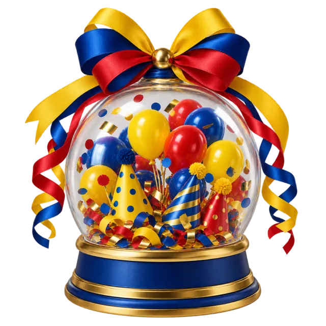 Clear celebration dome with red, blue and yellow balloons