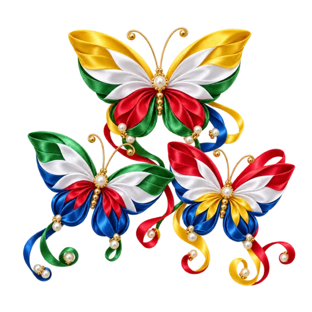 Multicolored ribbon butterfly trio with dangling jewels
