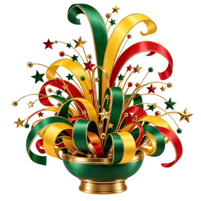 Green, red and yellow ribbon fountain in a golden bowl