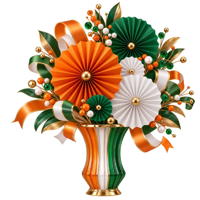Orange, green and white paper fans in a striped vase