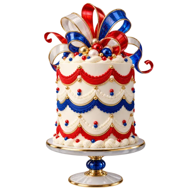 Cream cake with blue and red icing swags