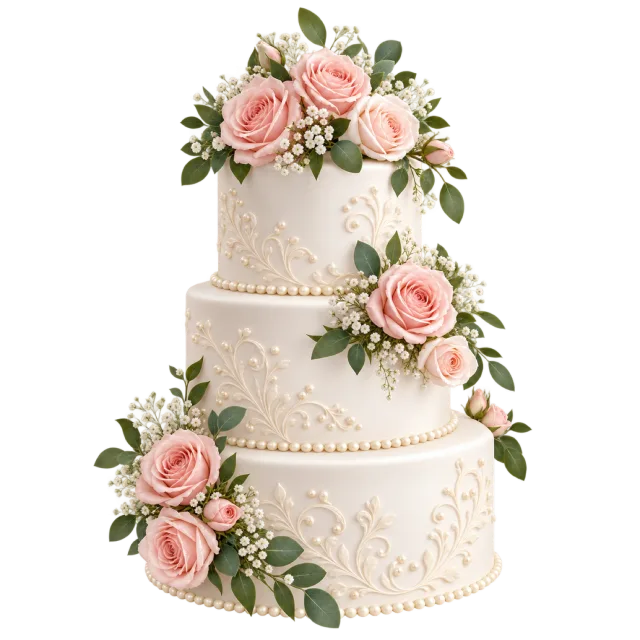 A three-tier white wedding cake decorated with pink roses and green leaves