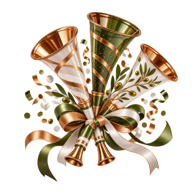 Copper-colored party trumpets with olive and cream ribbons