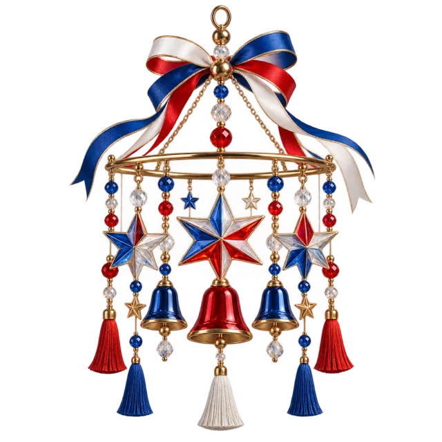Red, blue and white star mobile with bells
