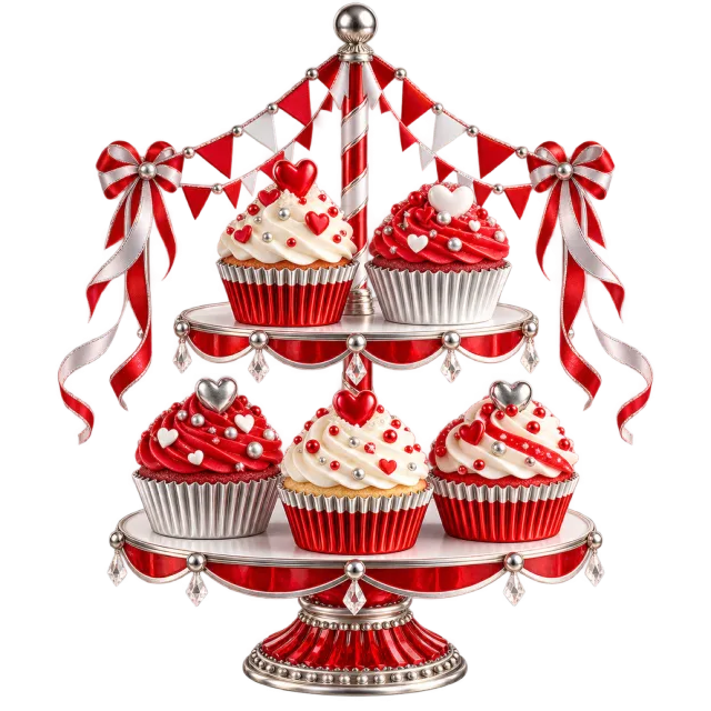 Red and white cupcake carousel with striped bunting