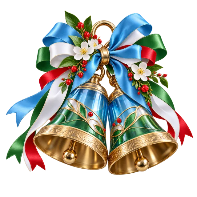 Golden handbells with blue, green, white and red ribbons