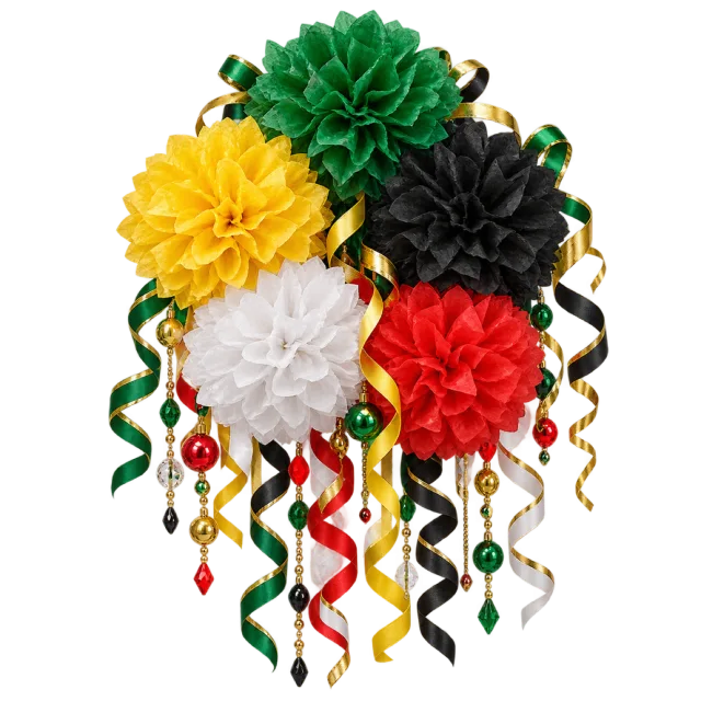 Green, yellow, black and white paper pompom cluster