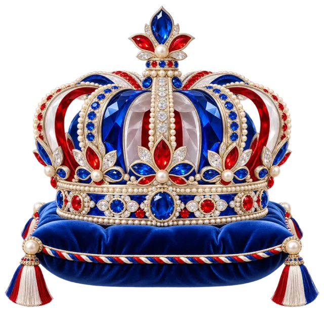 Red, white and blue jeweled crown on a blue cushion
