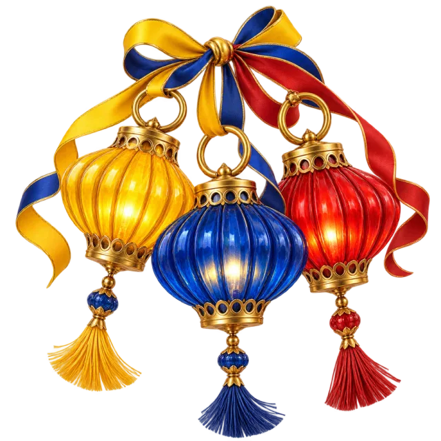 Blue, yellow and red lantern trio with golden trim