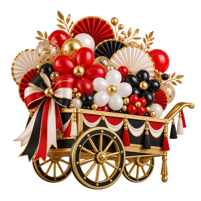 Red, white, black and gold balloon flower cart