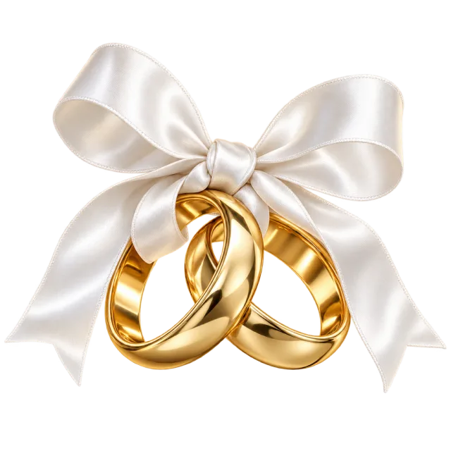 Two intertwined gold rings hanging beneath a white satin ribbon bow