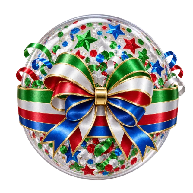 Clear confetti capsule with blue, green and red ribbons